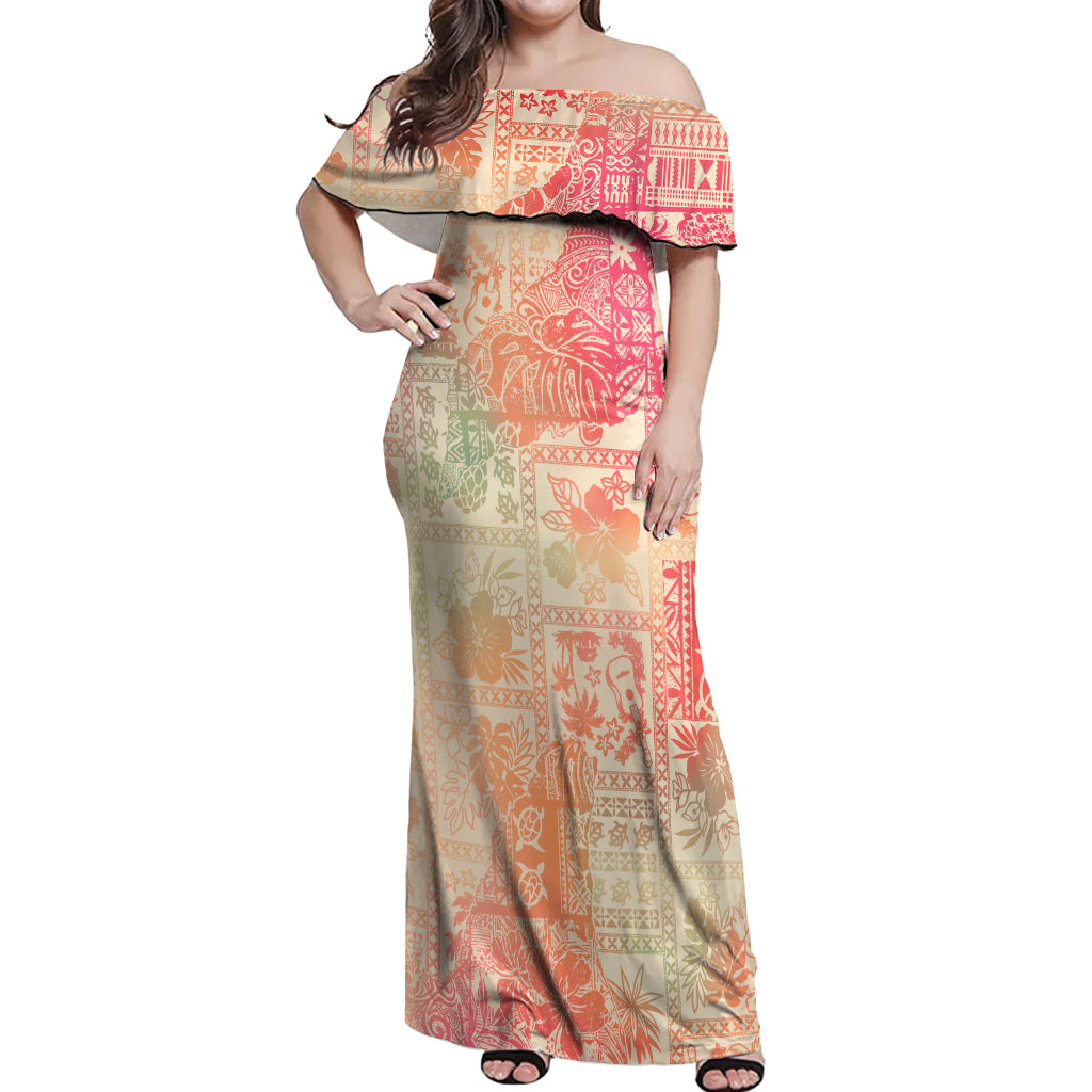 Hawaii Off Shoulder Maxi Dress Aloha Tribal Pattern Sweat Pink Ombre - Wonder Print Shop