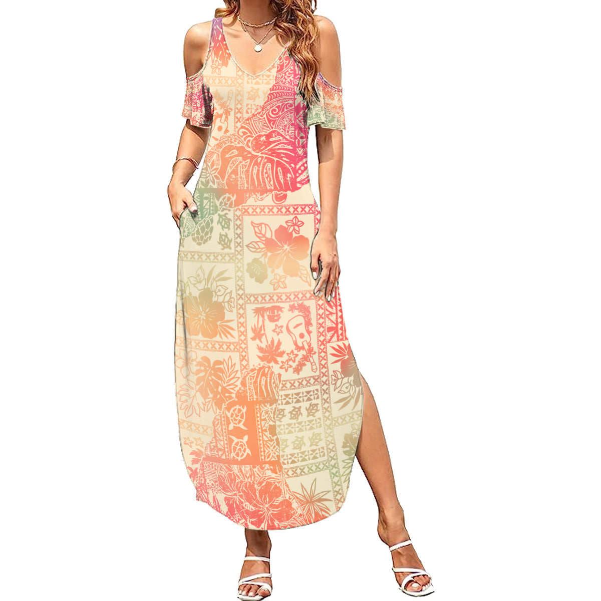 Hawaii Summer Maxi Dress Aloha Tribal Pattern Sweat Pink Ombre - Wonder Print Shop