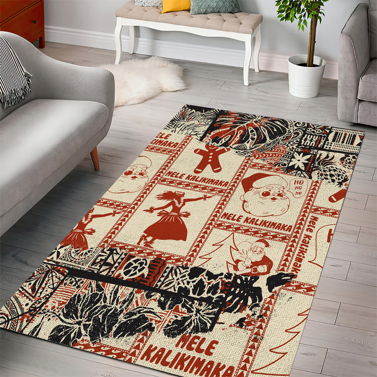 Aloha Hawaii Christmas Area Rug Mele Kalikimaka Tapa Tribal Retro Style LT9 - Wonder Print Shop