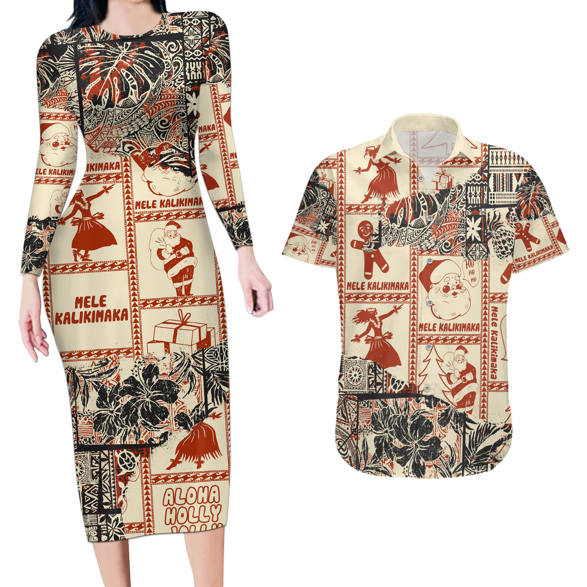 Aloha Hawaii Christmas Couples Matching Long Sleeve Bodycon Dress and Hawaiian Shirt Mele Kalikimaka Tapa Tribal Retro Style LT9 - Wonder Print Shop