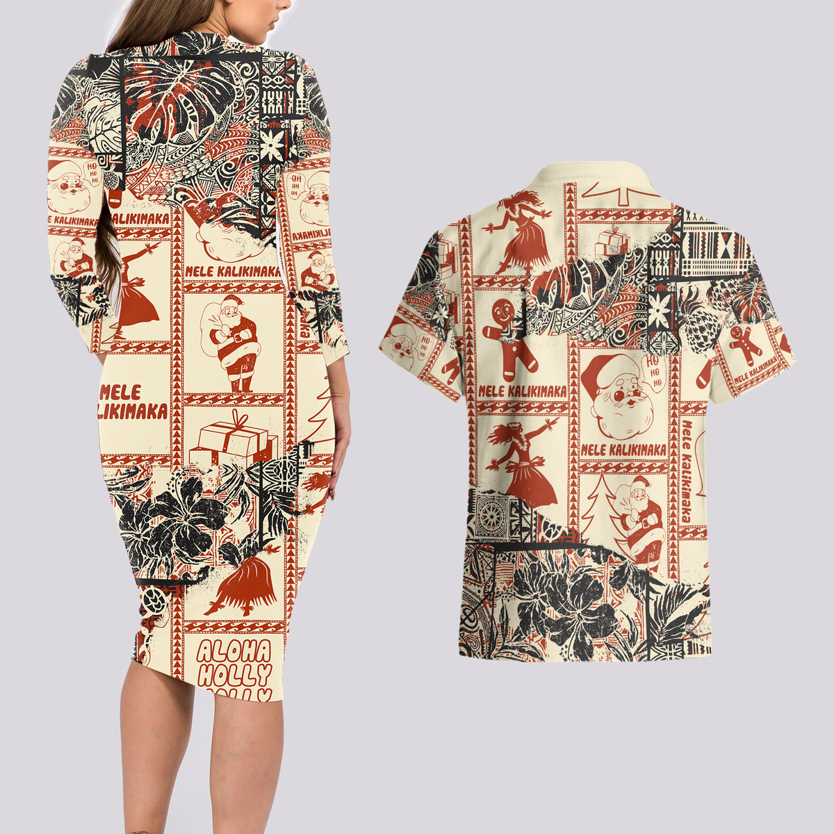 Aloha Hawaii Christmas Couples Matching Long Sleeve Bodycon Dress and Hawaiian Shirt Mele Kalikimaka Tapa Tribal Retro Style LT9 - Wonder Print Shop
