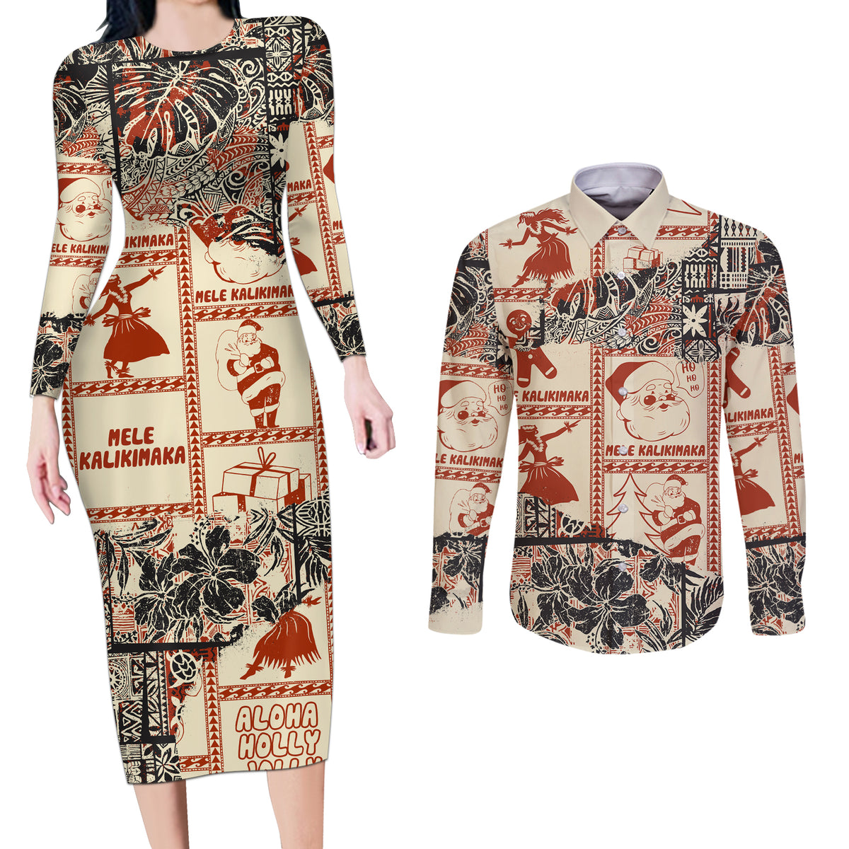 Aloha Hawaii Christmas Couples Matching Long Sleeve Bodycon Dress and Long Sleeve Button Shirt Mele Kalikimaka Tapa Tribal Retro Style LT9 - Wonder Print Shop