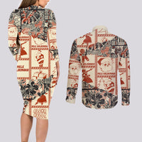 Aloha Hawaii Christmas Couples Matching Long Sleeve Bodycon Dress and Long Sleeve Button Shirt Mele Kalikimaka Tapa Tribal Retro Style LT9 - Wonder Print Shop
