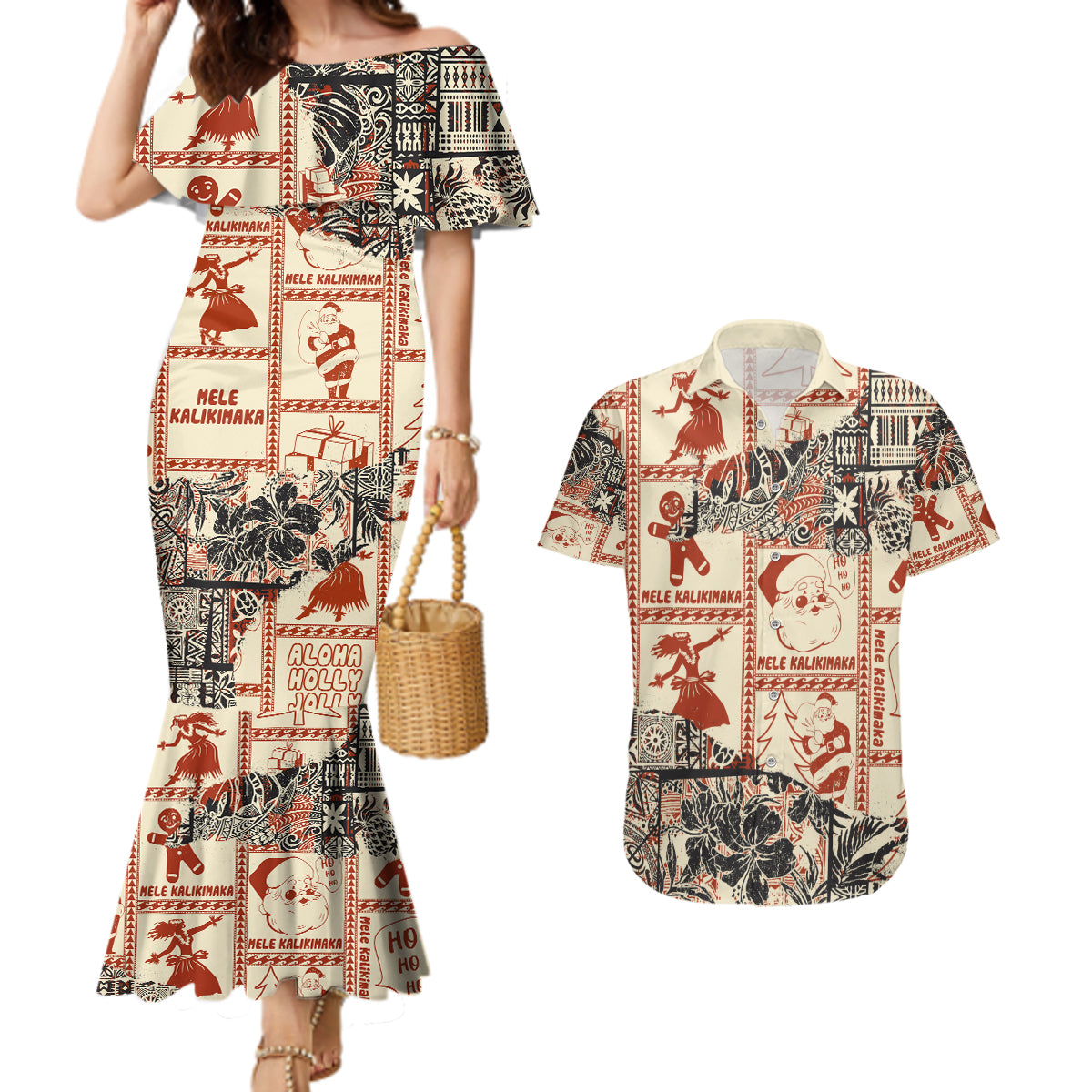 Aloha Hawaii Christmas Couples Matching Mermaid Dress and Hawaiian Shirt Mele Kalikimaka Tapa Tribal Retro Style LT9 - Wonder Print Shop