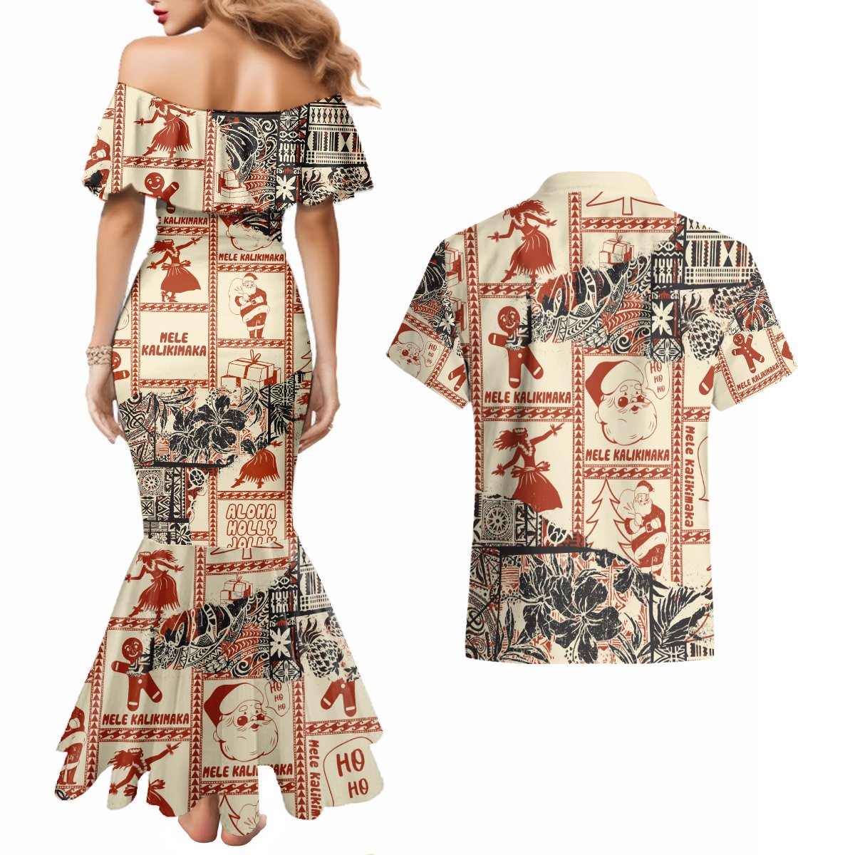 Aloha Hawaii Christmas Couples Matching Mermaid Dress and Hawaiian Shirt Mele Kalikimaka Tapa Tribal Retro Style LT9 - Wonder Print Shop