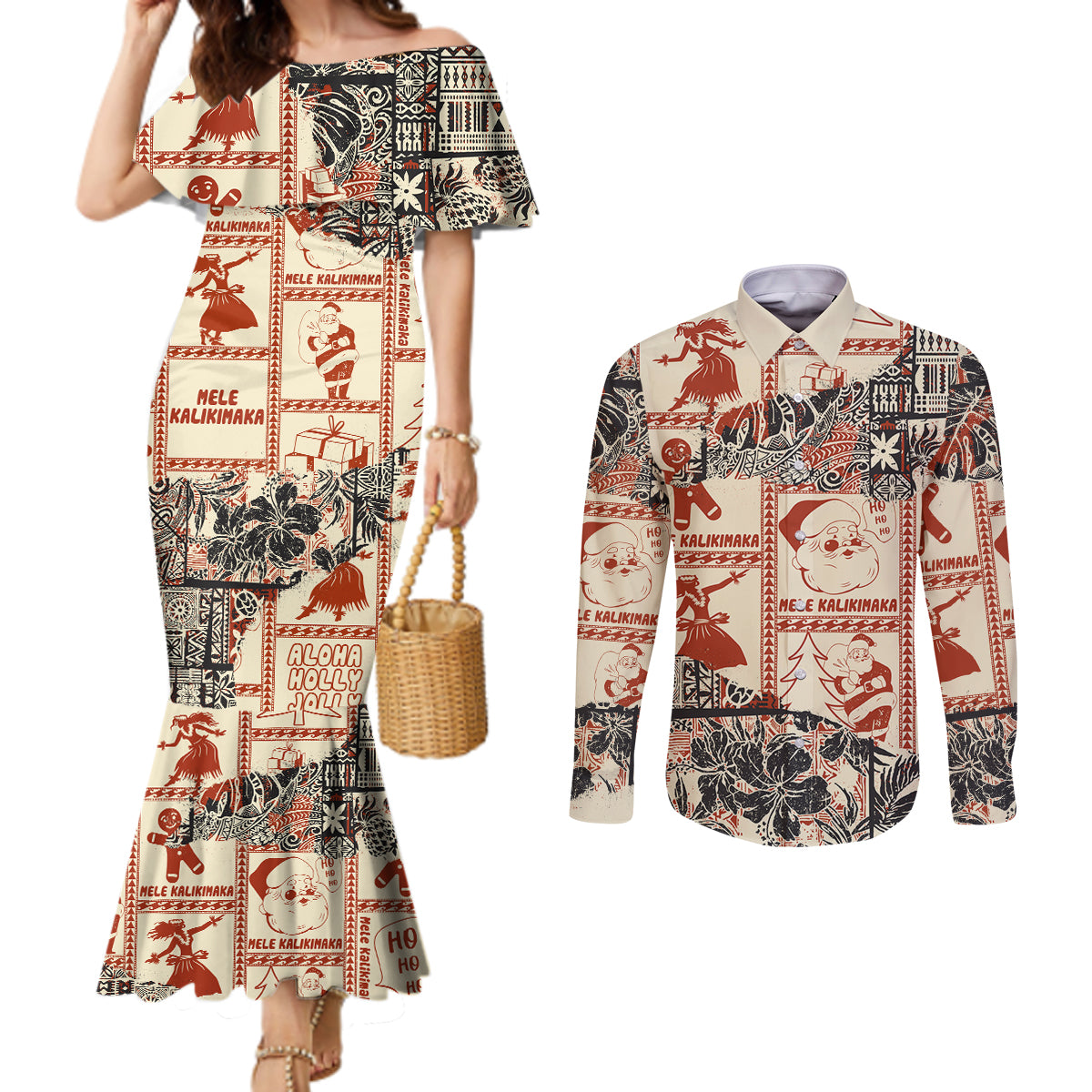 aloha-hawaii-christmas-couples-matching-mermaid-dress-and-long-sleeve-button-shirt-mele-kalikimaka-tapa-tribal-retro-style
