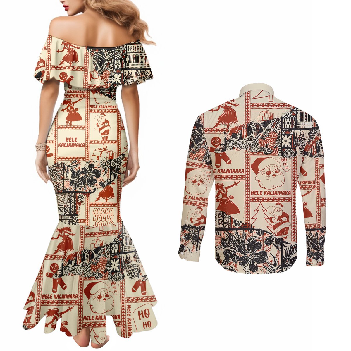 aloha-hawaii-christmas-couples-matching-mermaid-dress-and-long-sleeve-button-shirt-mele-kalikimaka-tapa-tribal-retro-style