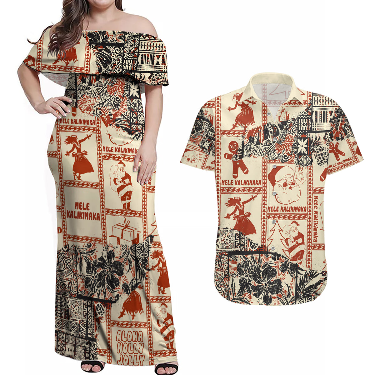 Aloha Hawaii Christmas Couples Matching Off Shoulder Maxi Dress and Hawaiian Shirt Mele Kalikimaka Tapa Tribal Retro Style LT9 - Wonder Print Shop