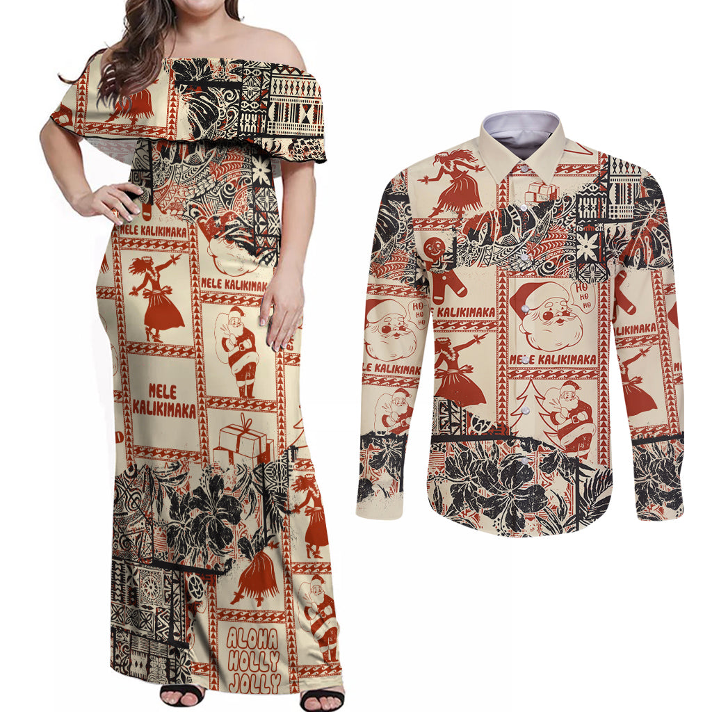 Aloha Hawaii Christmas Couples Matching Off Shoulder Maxi Dress and Long Sleeve Button Shirt Mele Kalikimaka Tapa Tribal Retro Style LT9 - Wonder Print Shop