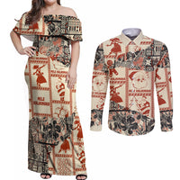 Aloha Hawaii Christmas Couples Matching Off Shoulder Maxi Dress and Long Sleeve Button Shirt Mele Kalikimaka Tapa Tribal Retro Style LT9 - Wonder Print Shop