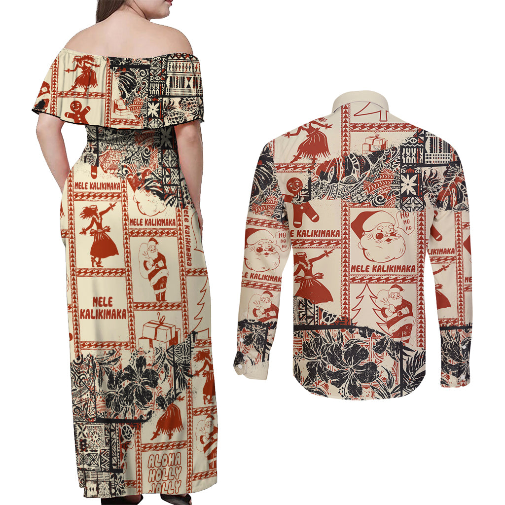Aloha Hawaii Christmas Couples Matching Off Shoulder Maxi Dress and Long Sleeve Button Shirt Mele Kalikimaka Tapa Tribal Retro Style LT9 - Wonder Print Shop