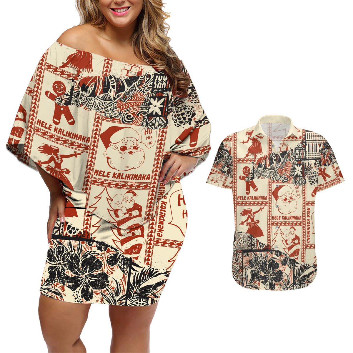 Aloha Hawaii Christmas Couples Matching Off Shoulder Short Dress and Hawaiian Shirt Mele Kalikimaka Tapa Tribal Retro Style LT9 - Wonder Print Shop