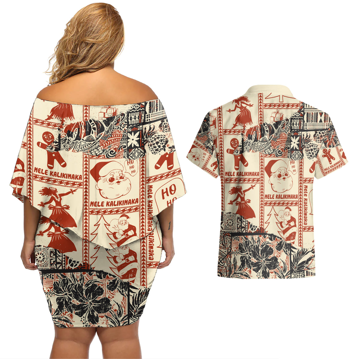 Aloha Hawaii Christmas Couples Matching Off Shoulder Short Dress and Hawaiian Shirt Mele Kalikimaka Tapa Tribal Retro Style LT9 - Wonder Print Shop