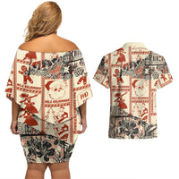 Aloha Hawaii Christmas Couples Matching Off Shoulder Short Dress and Hawaiian Shirt Mele Kalikimaka Tapa Tribal Retro Style LT9 - Wonder Print Shop