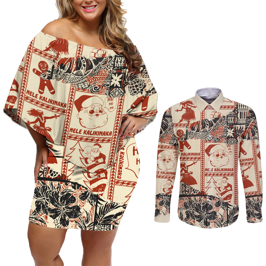 Aloha Hawaii Christmas Couples Matching Off Shoulder Short Dress and Long Sleeve Button Shirt Mele Kalikimaka Tapa Tribal Retro Style LT9 - Wonder Print Shop