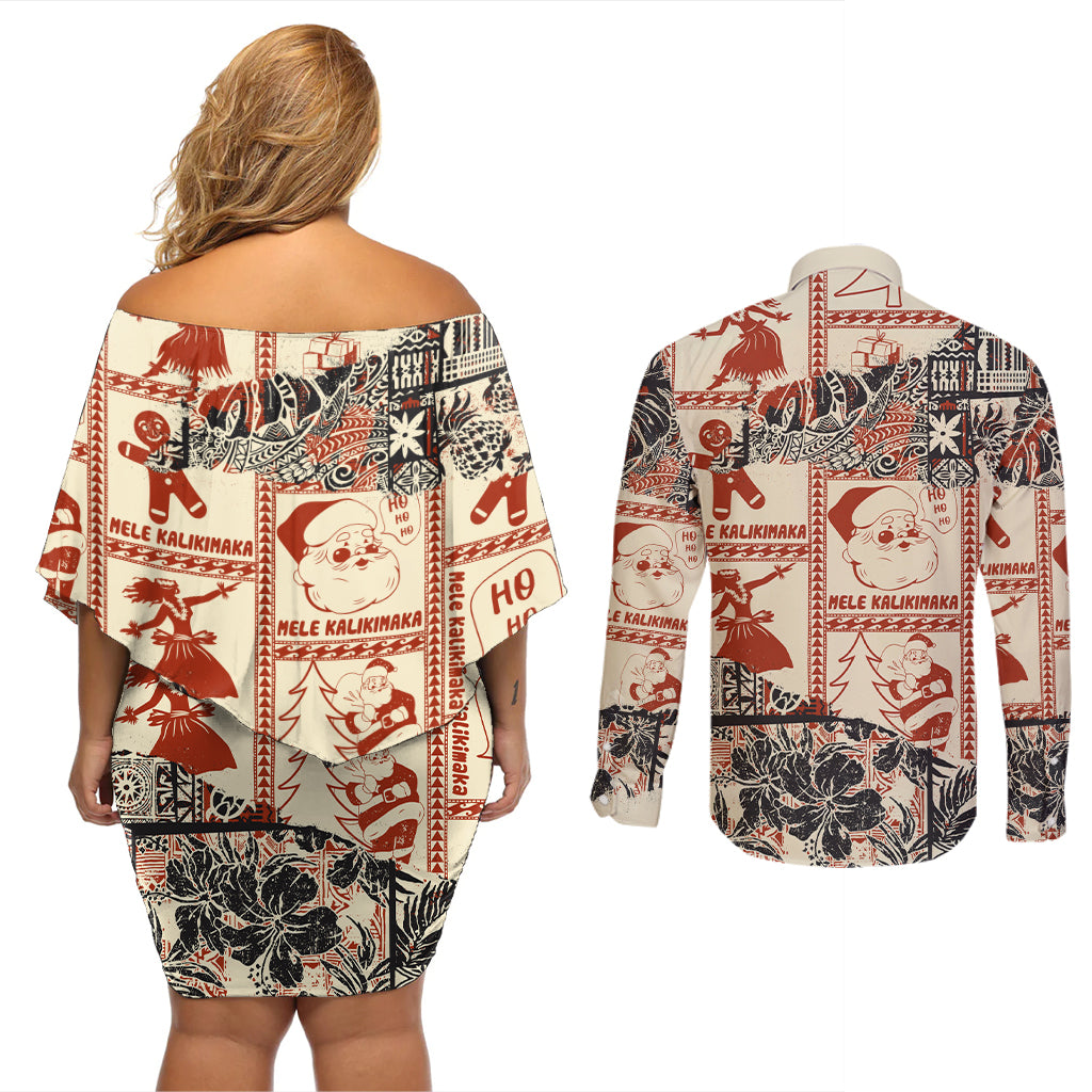 Aloha Hawaii Christmas Couples Matching Off Shoulder Short Dress and Long Sleeve Button Shirt Mele Kalikimaka Tapa Tribal Retro Style LT9 - Wonder Print Shop