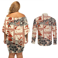 Aloha Hawaii Christmas Couples Matching Off Shoulder Short Dress and Long Sleeve Button Shirt Mele Kalikimaka Tapa Tribal Retro Style LT9 - Wonder Print Shop