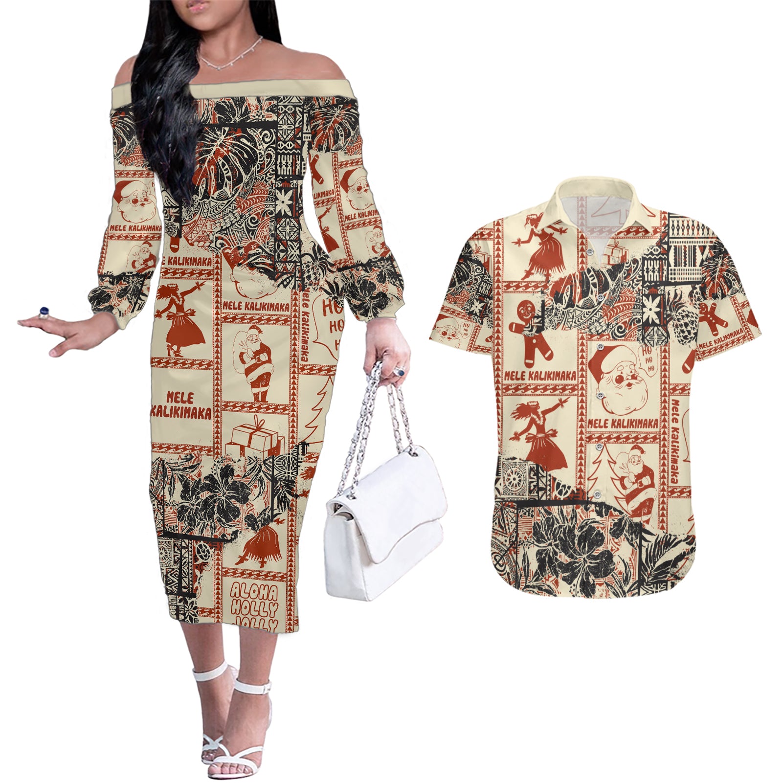 Aloha Hawaii Christmas Couples Matching Off The Shoulder Long Sleeve Dress and Hawaiian Shirt Mele Kalikimaka Tapa Tribal Retro Style LT9 - Wonder Print Shop