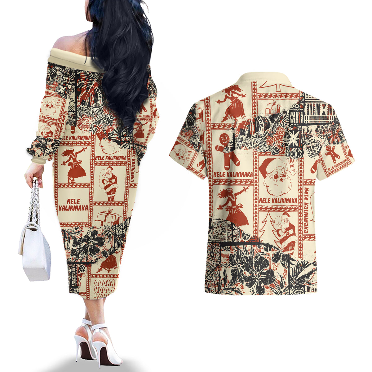 Aloha Hawaii Christmas Couples Matching Off The Shoulder Long Sleeve Dress and Hawaiian Shirt Mele Kalikimaka Tapa Tribal Retro Style LT9 - Wonder Print Shop