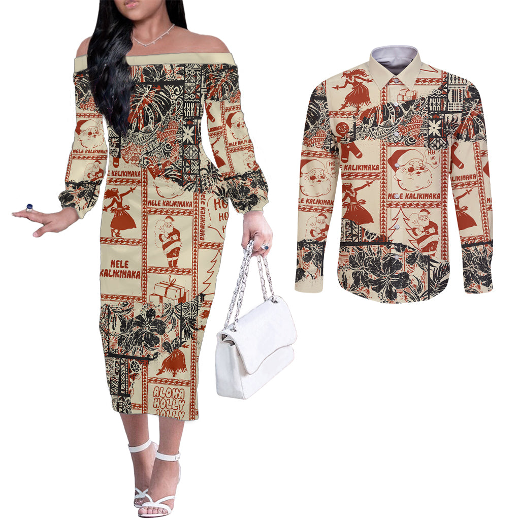 aloha-hawaii-christmas-couples-matching-off-the-shoulder-long-sleeve-dress-and-long-sleeve-button-shirt-mele-kalikimaka-tapa-tribal-retro-style