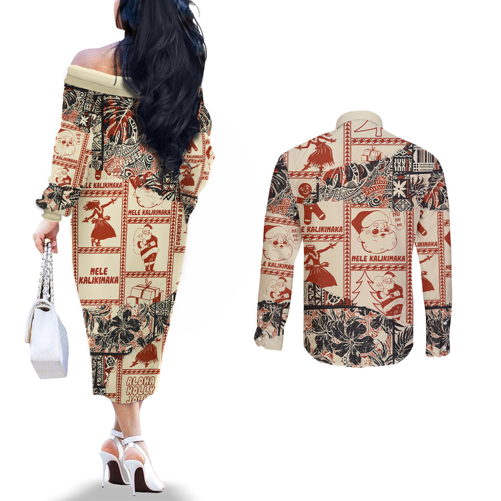 aloha-hawaii-christmas-couples-matching-off-the-shoulder-long-sleeve-dress-and-long-sleeve-button-shirt-mele-kalikimaka-tapa-tribal-retro-style