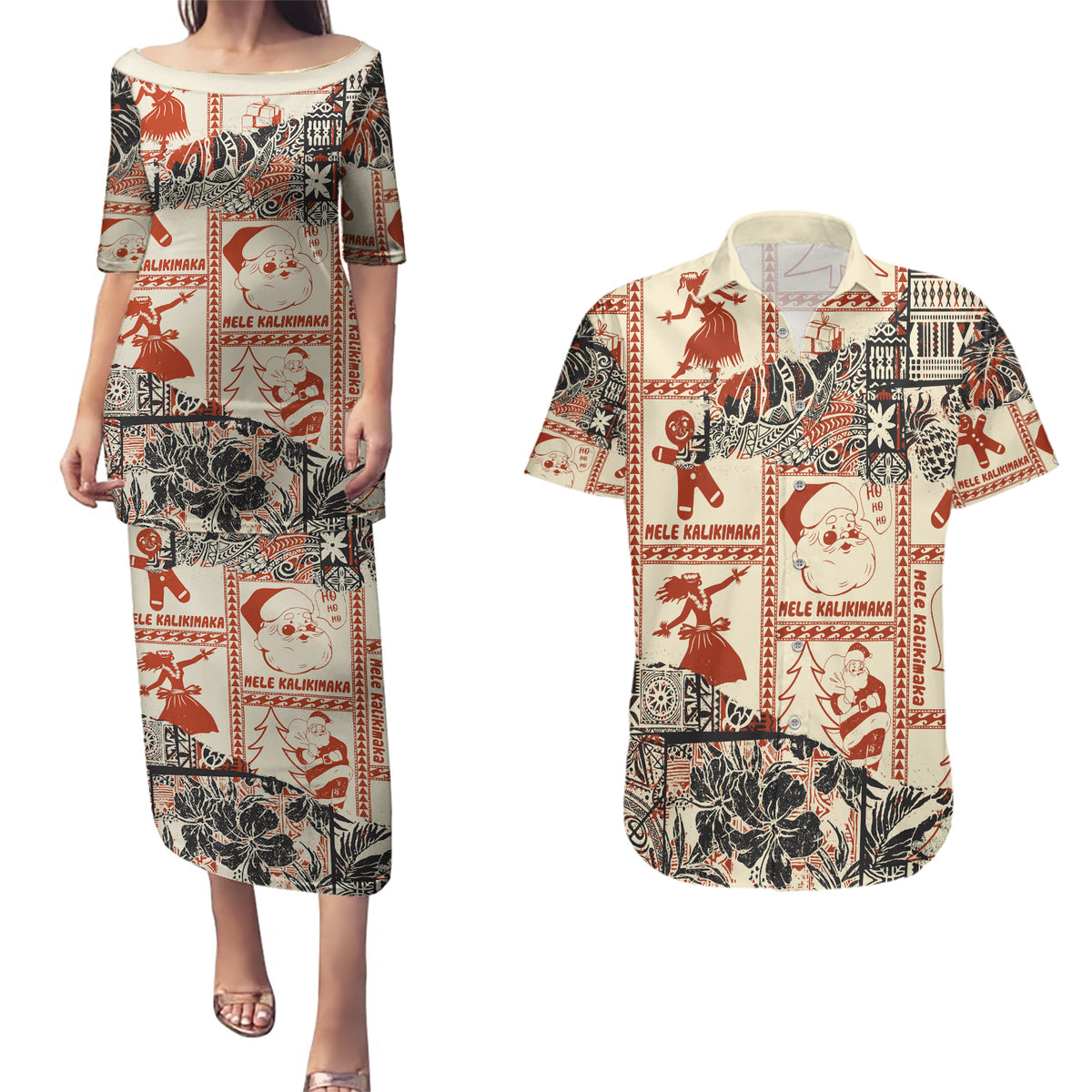 Aloha Hawaii Christmas Couples Matching Puletasi Dress and Hawaiian Shirt Mele Kalikimaka Tapa Tribal Retro Style LT9 - Wonder Print Shop