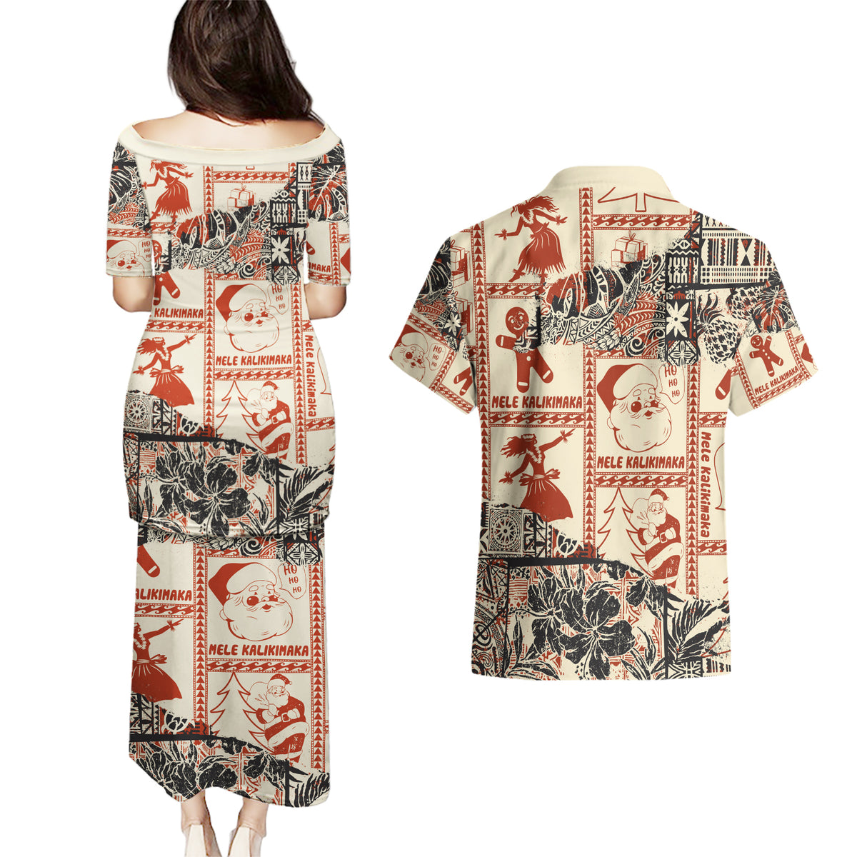 Aloha Hawaii Christmas Couples Matching Puletasi Dress and Hawaiian Shirt Mele Kalikimaka Tapa Tribal Retro Style LT9 - Wonder Print Shop
