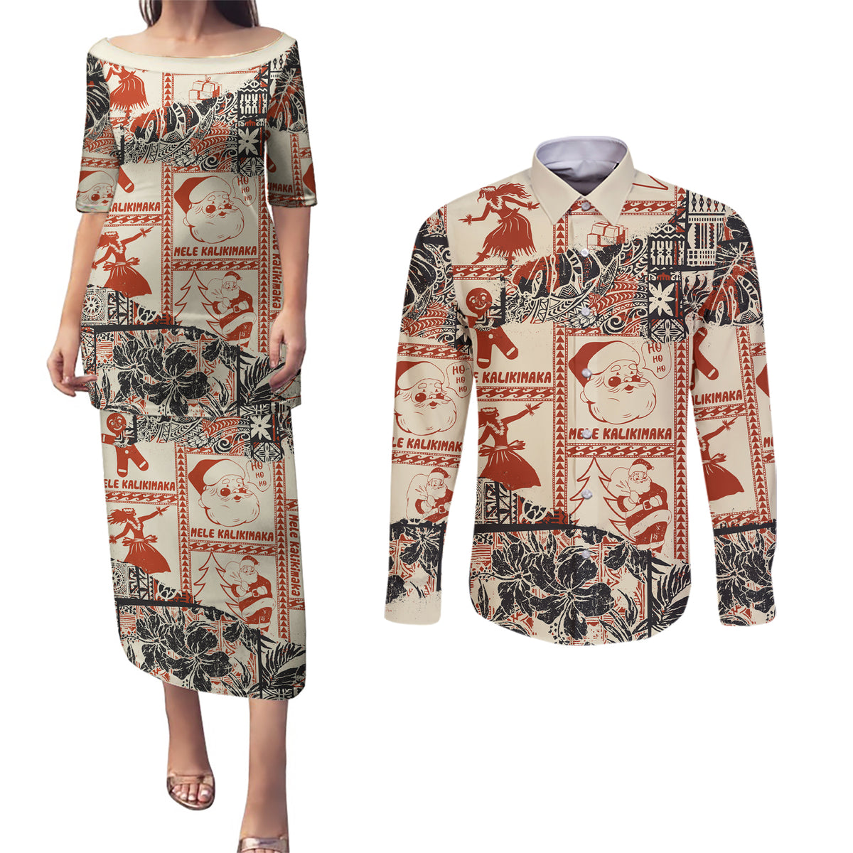 Aloha Hawaii Christmas Couples Matching Puletasi Dress and Long Sleeve Button Shirt Mele Kalikimaka Tapa Tribal Retro Style LT9 - Wonder Print Shop