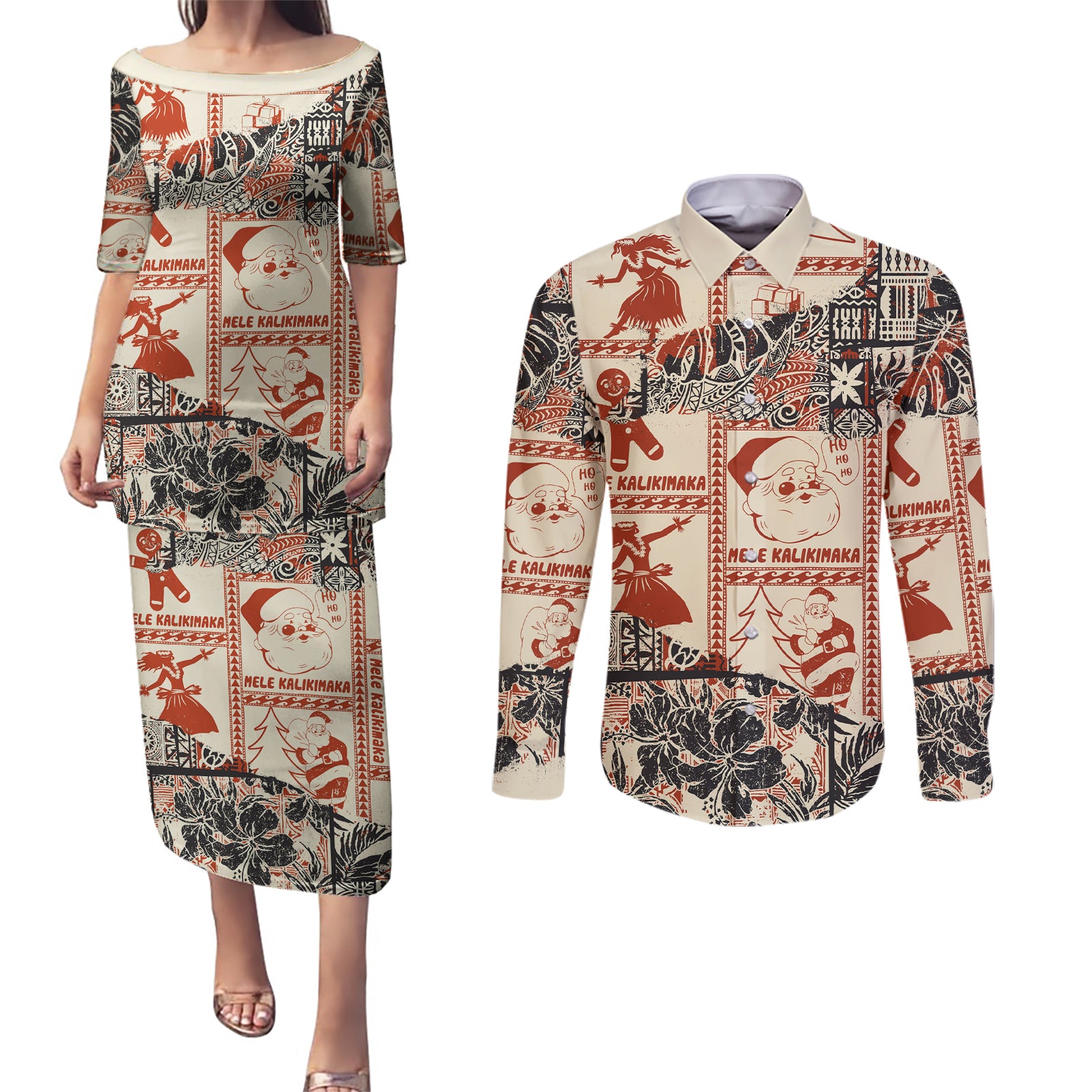 Aloha Hawaii Christmas Couples Matching Puletasi Dress and Long Sleeve Button Shirt Mele Kalikimaka Tapa Tribal Retro Style LT9 - Wonder Print Shop