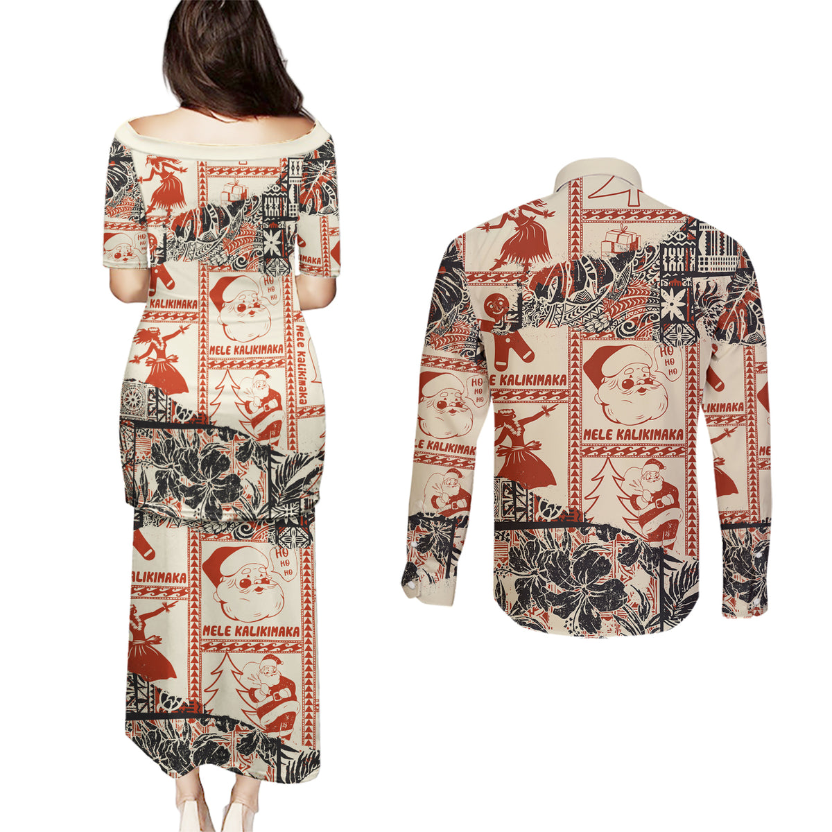 Aloha Hawaii Christmas Couples Matching Puletasi Dress and Long Sleeve Button Shirt Mele Kalikimaka Tapa Tribal Retro Style LT9 - Wonder Print Shop