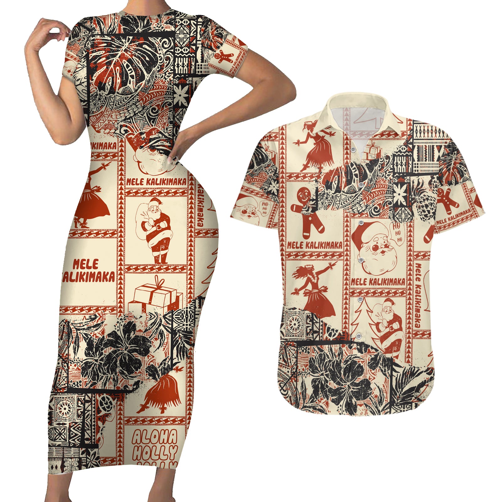 Aloha Hawaii Christmas Couples Matching Short Sleeve Bodycon Dress and Hawaiian Shirt Mele Kalikimaka Tapa Tribal Retro Style LT9 - Wonder Print Shop