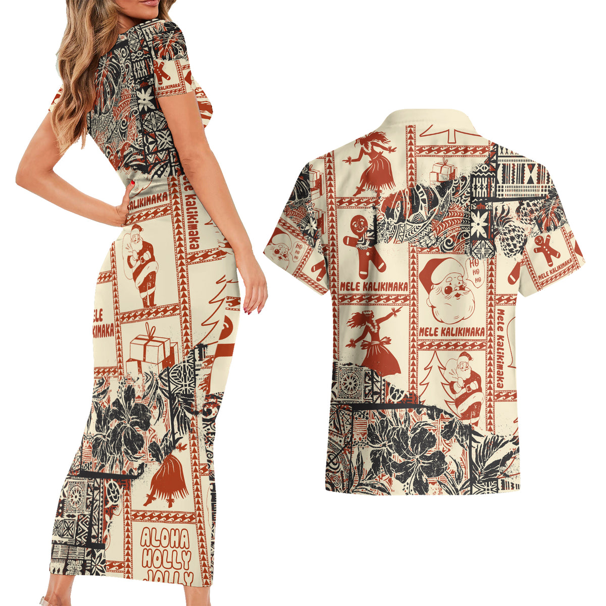 Aloha Hawaii Christmas Couples Matching Short Sleeve Bodycon Dress and Hawaiian Shirt Mele Kalikimaka Tapa Tribal Retro Style LT9 - Wonder Print Shop