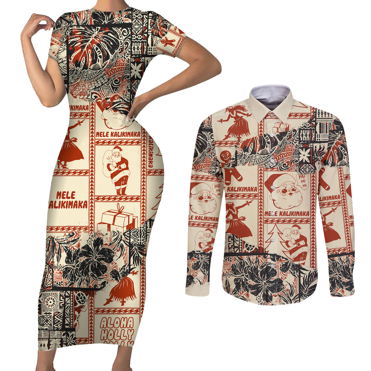 Aloha Hawaii Christmas Couples Matching Short Sleeve Bodycon Dress and Long Sleeve Button Shirt Mele Kalikimaka Tapa Tribal Retro Style LT9 - Wonder Print Shop