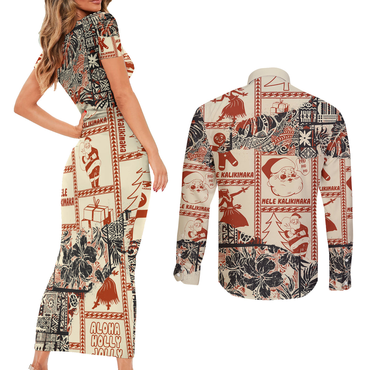 Aloha Hawaii Christmas Couples Matching Short Sleeve Bodycon Dress and Long Sleeve Button Shirt Mele Kalikimaka Tapa Tribal Retro Style LT9 - Wonder Print Shop