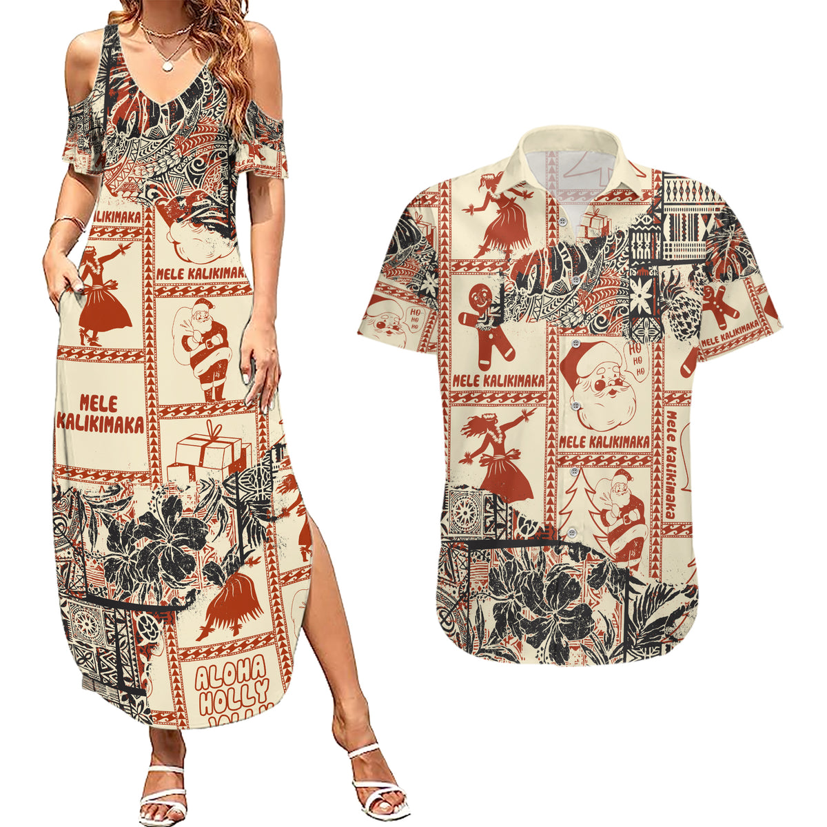 Aloha Hawaii Christmas Couples Matching Summer Maxi Dress and Hawaiian Shirt Mele Kalikimaka Tapa Tribal Retro Style LT9 - Wonder Print Shop