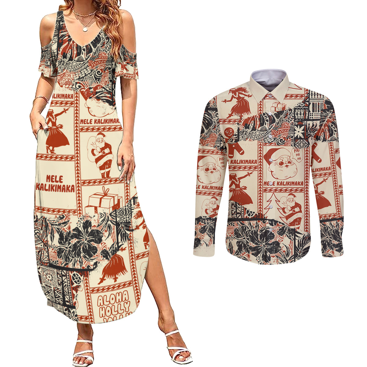Aloha Hawaii Christmas Couples Matching Summer Maxi Dress and Long Sleeve Button Shirt Mele Kalikimaka Tapa Tribal Retro Style LT9 - Wonder Print Shop