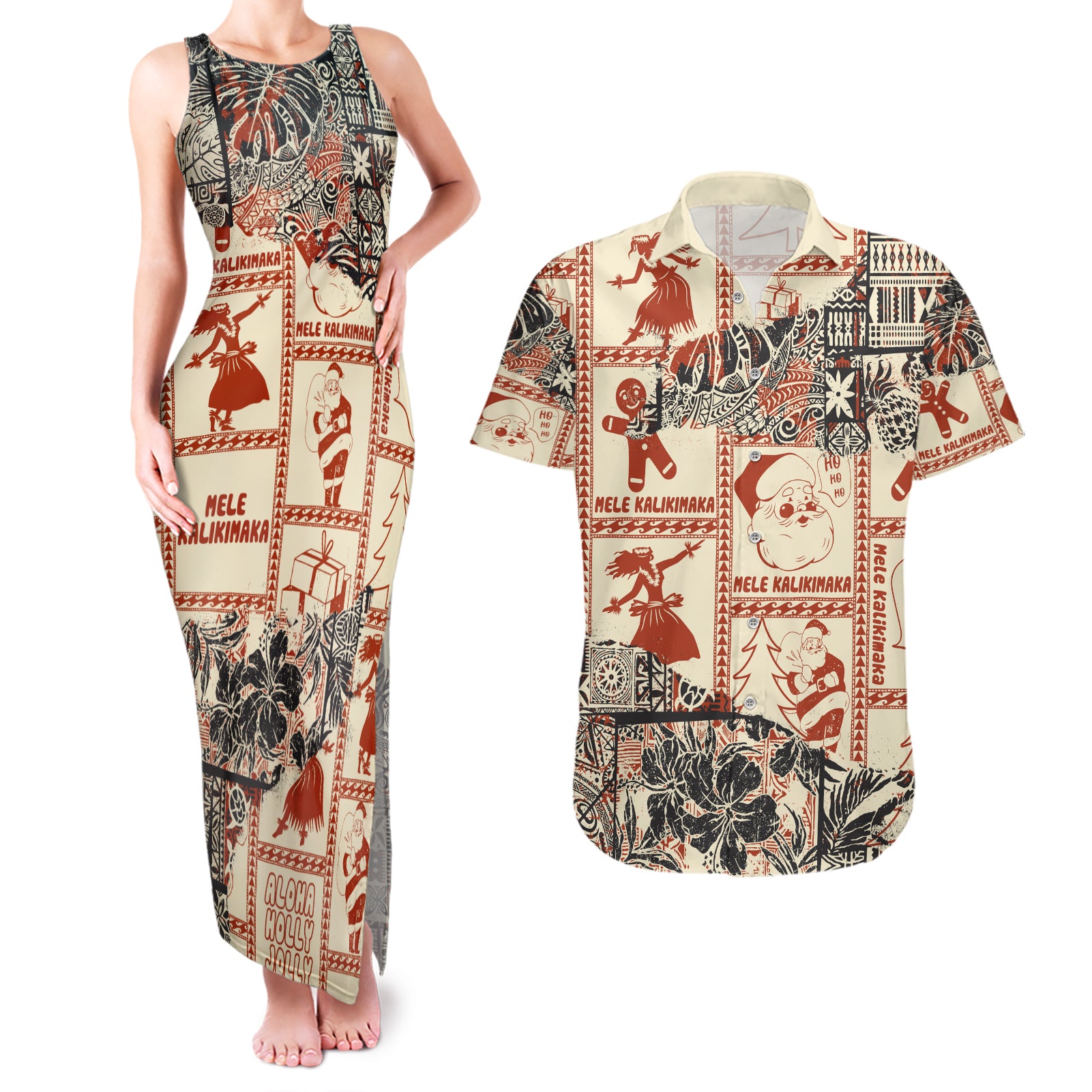 Aloha Hawaii Christmas Couples Matching Tank Maxi Dress and Hawaiian Shirt Mele Kalikimaka Tapa Tribal Retro Style LT9 - Wonder Print Shop