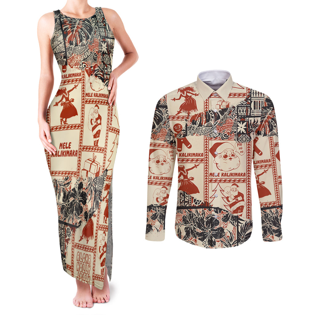 Aloha Hawaii Christmas Couples Matching Tank Maxi Dress and Long Sleeve Button Shirt Mele Kalikimaka Tapa Tribal Retro Style LT9 - Wonder Print Shop