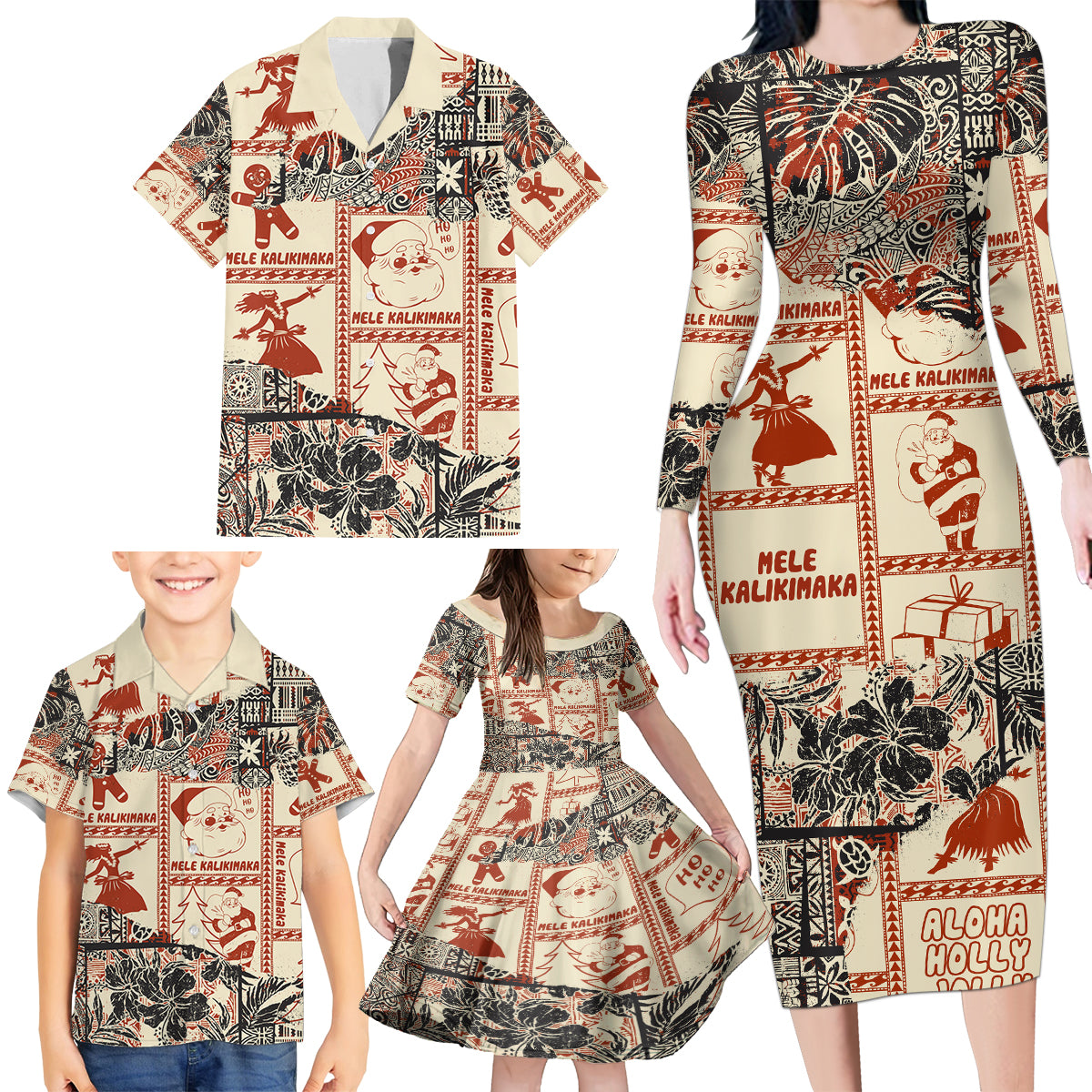 Aloha Hawaii Christmas Family Matching Long Sleeve Bodycon Dress and Hawaiian Shirt Mele Kalikimaka Tapa Tribal Retro Style LT9 - Wonder Print Shop