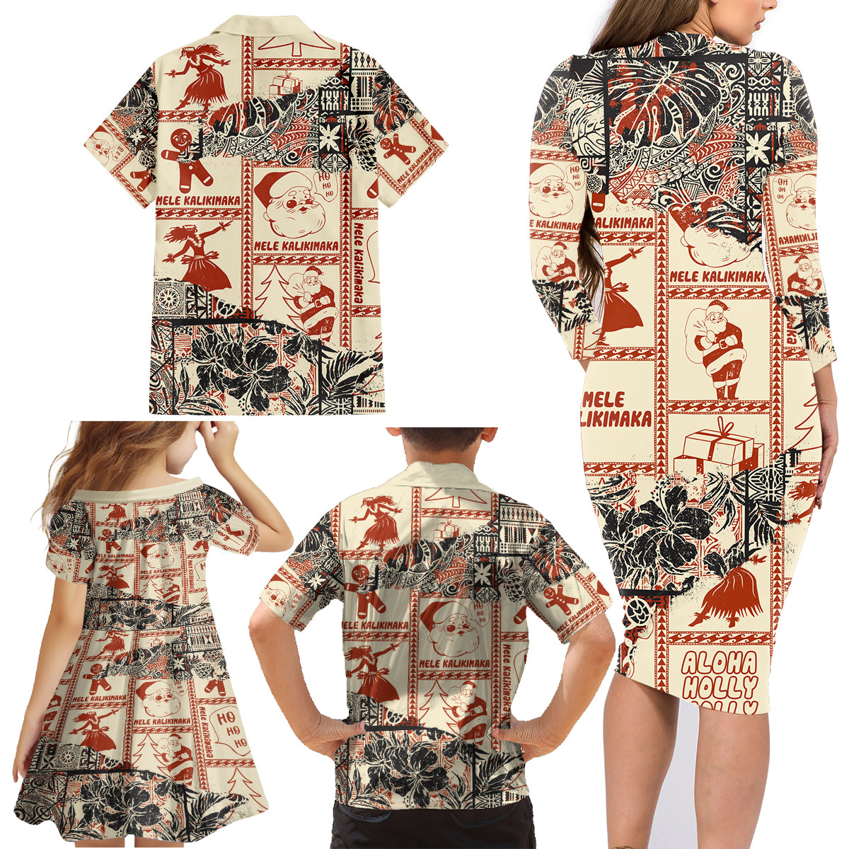 Aloha Hawaii Christmas Family Matching Long Sleeve Bodycon Dress and Hawaiian Shirt Mele Kalikimaka Tapa Tribal Retro Style LT9 - Wonder Print Shop
