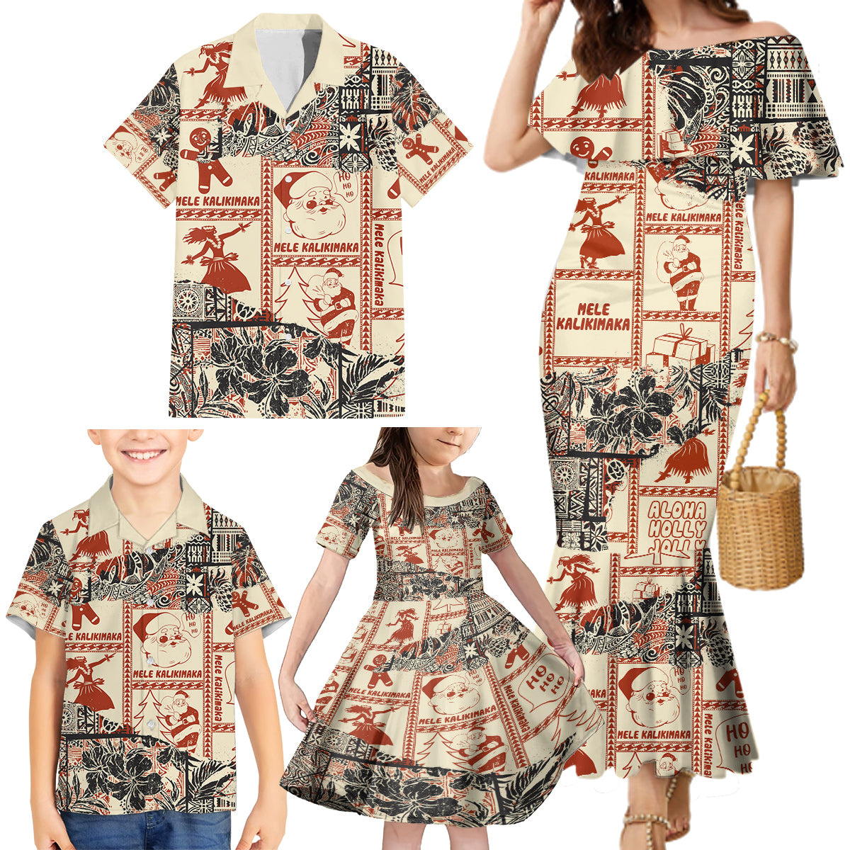 Aloha Hawaii Christmas Family Matching Mermaid Dress and Hawaiian Shirt Mele Kalikimaka Tapa Tribal Retro Style LT9 - Wonder Print Shop