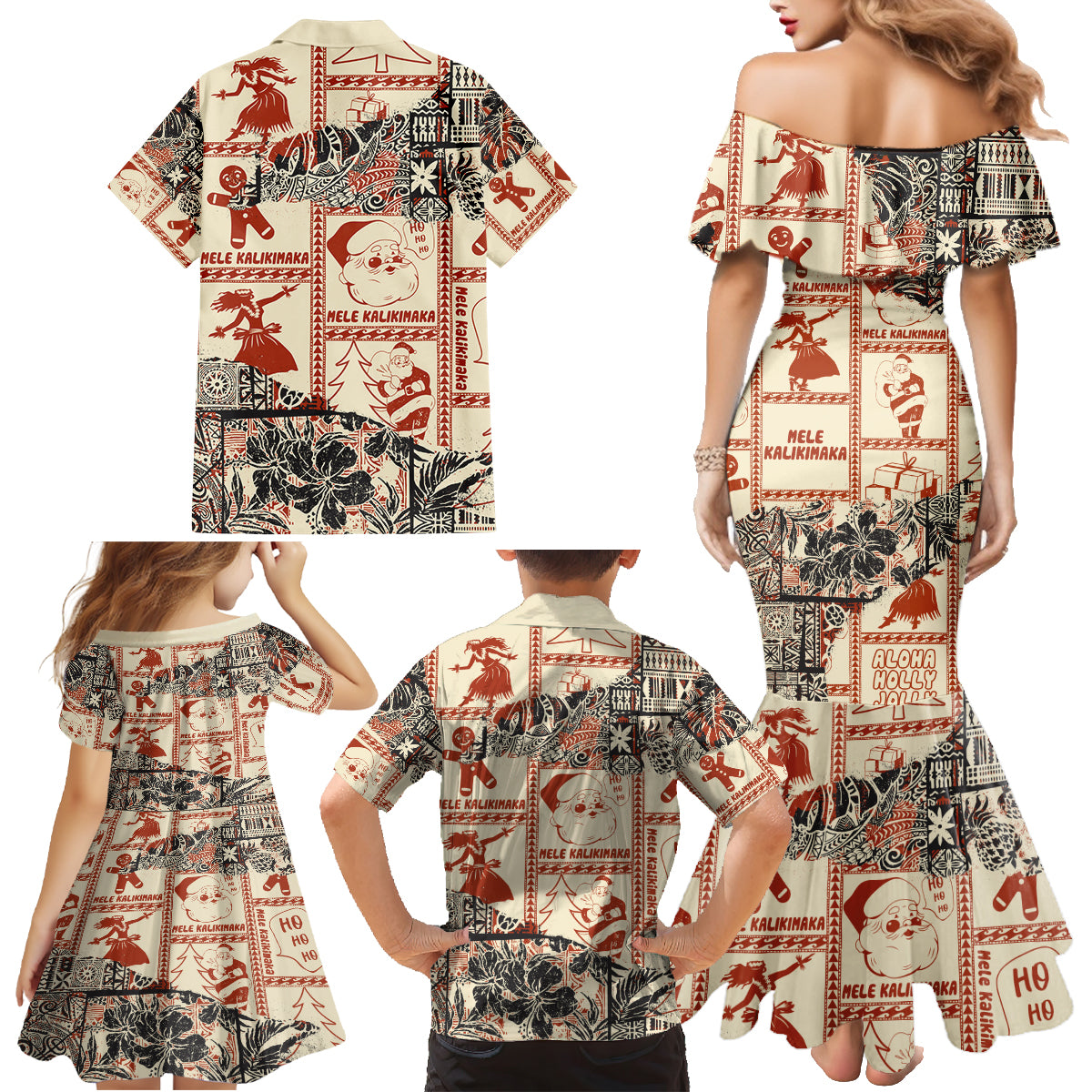 Aloha Hawaii Christmas Family Matching Mermaid Dress and Hawaiian Shirt Mele Kalikimaka Tapa Tribal Retro Style LT9 - Wonder Print Shop
