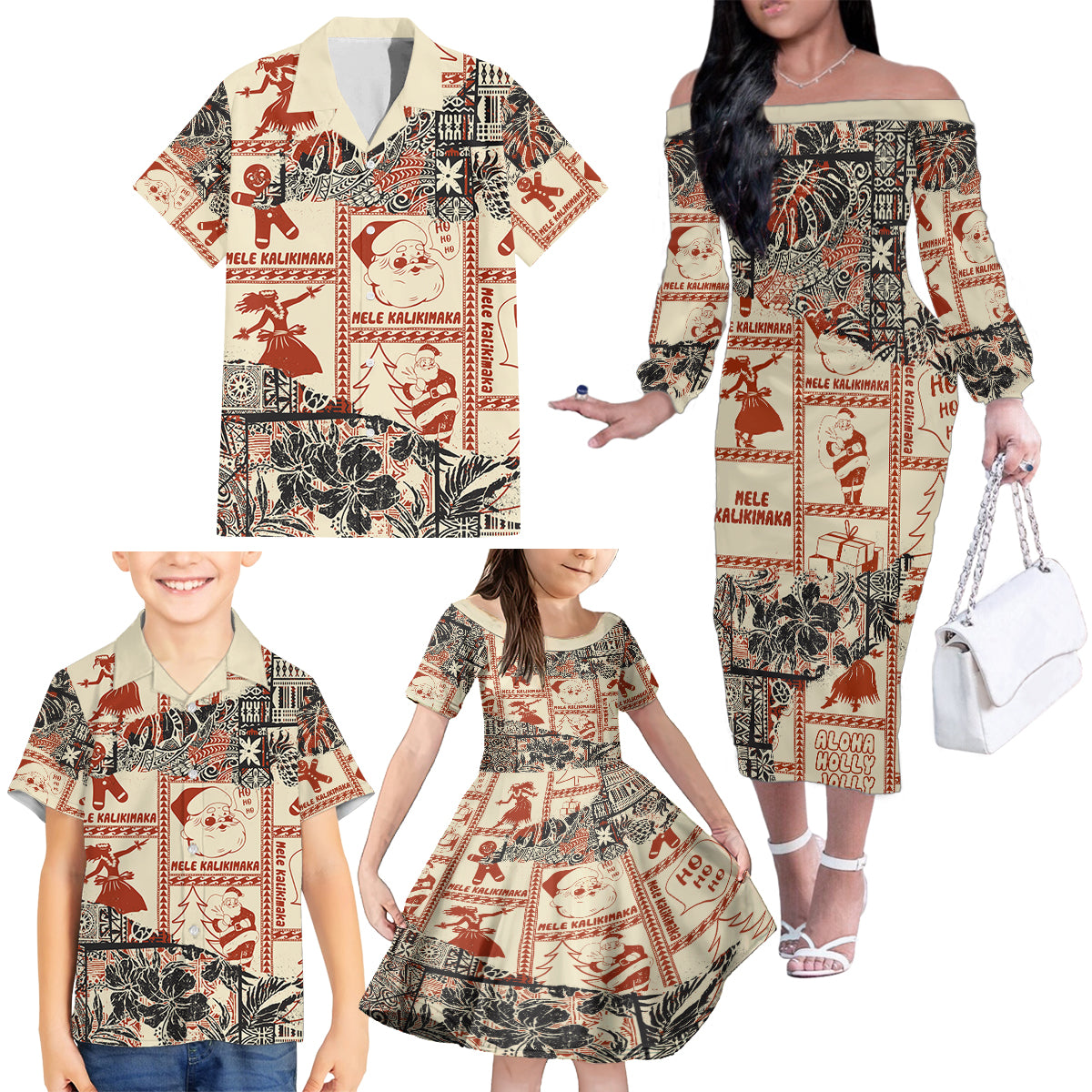 Aloha Hawaii Christmas Family Matching Off Shoulder Long Sleeve Dress and Hawaiian Shirt Mele Kalikimaka Tapa Tribal Retro Style - Wonder Print Shop