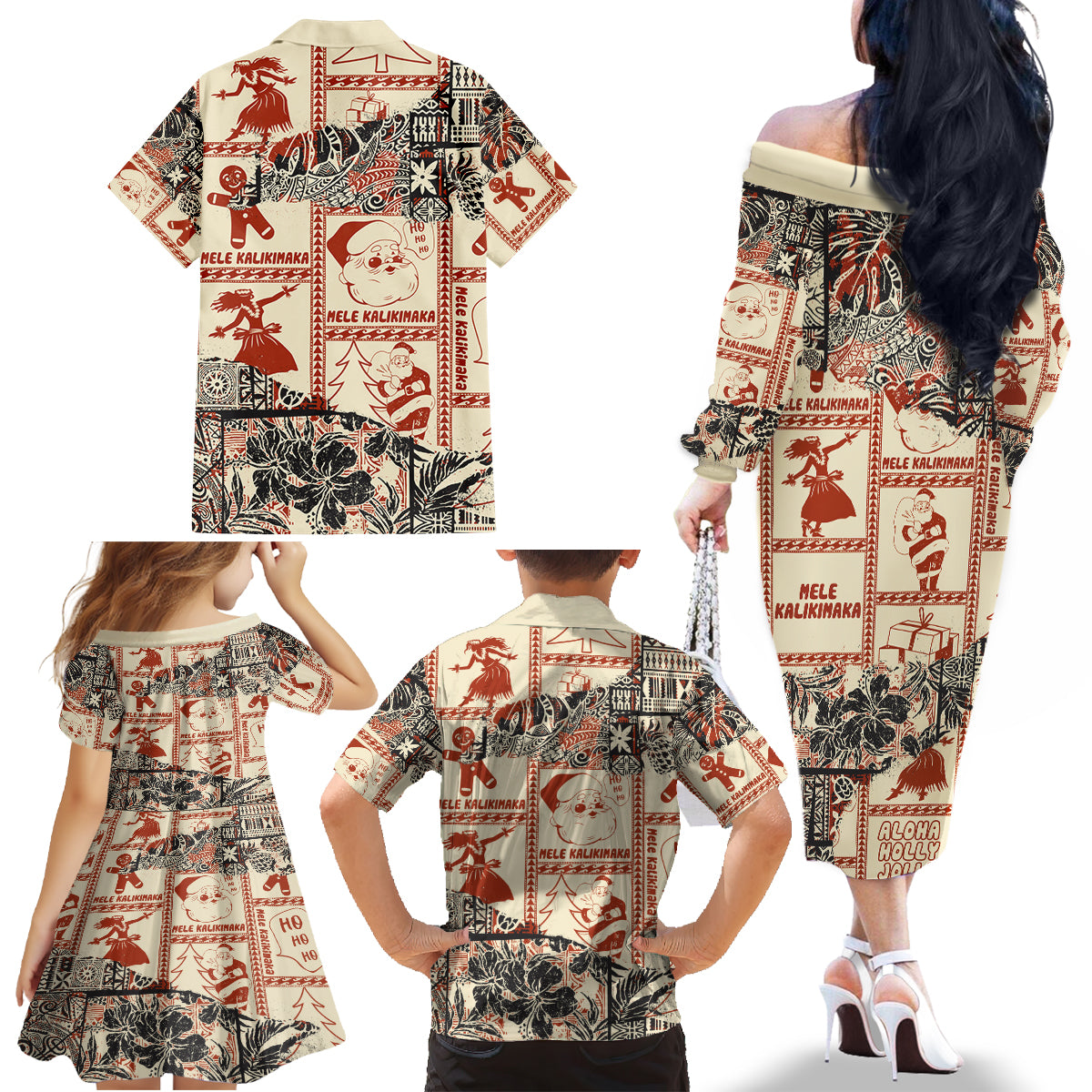 Aloha Hawaii Christmas Family Matching Off Shoulder Long Sleeve Dress and Hawaiian Shirt Mele Kalikimaka Tapa Tribal Retro Style - Wonder Print Shop