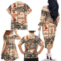 Aloha Hawaii Christmas Family Matching Off Shoulder Long Sleeve Dress and Hawaiian Shirt Mele Kalikimaka Tapa Tribal Retro Style - Wonder Print Shop