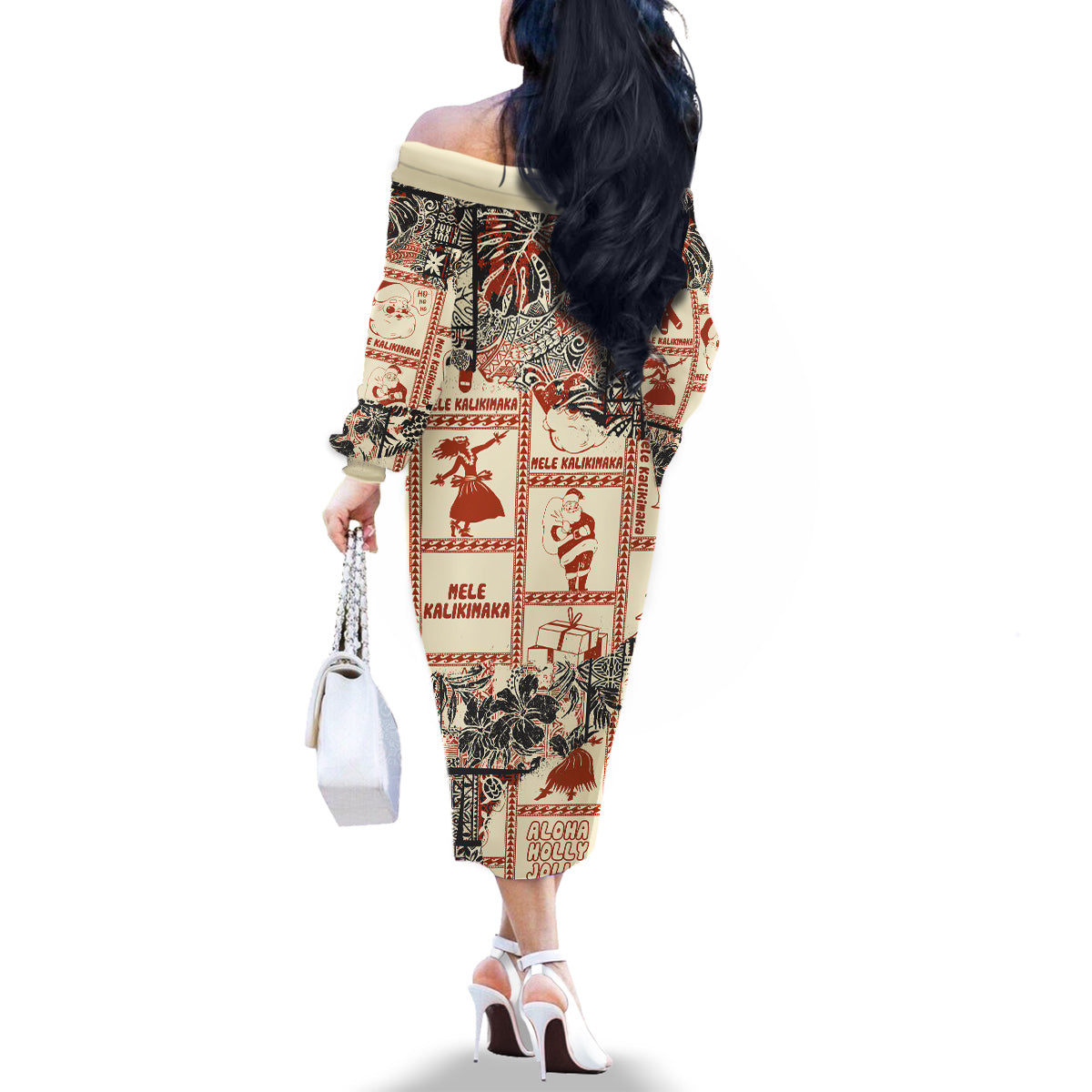 Aloha Hawaii Christmas Family Matching Off Shoulder Long Sleeve Dress and Hawaiian Shirt Mele Kalikimaka Tapa Tribal Retro Style - Wonder Print Shop