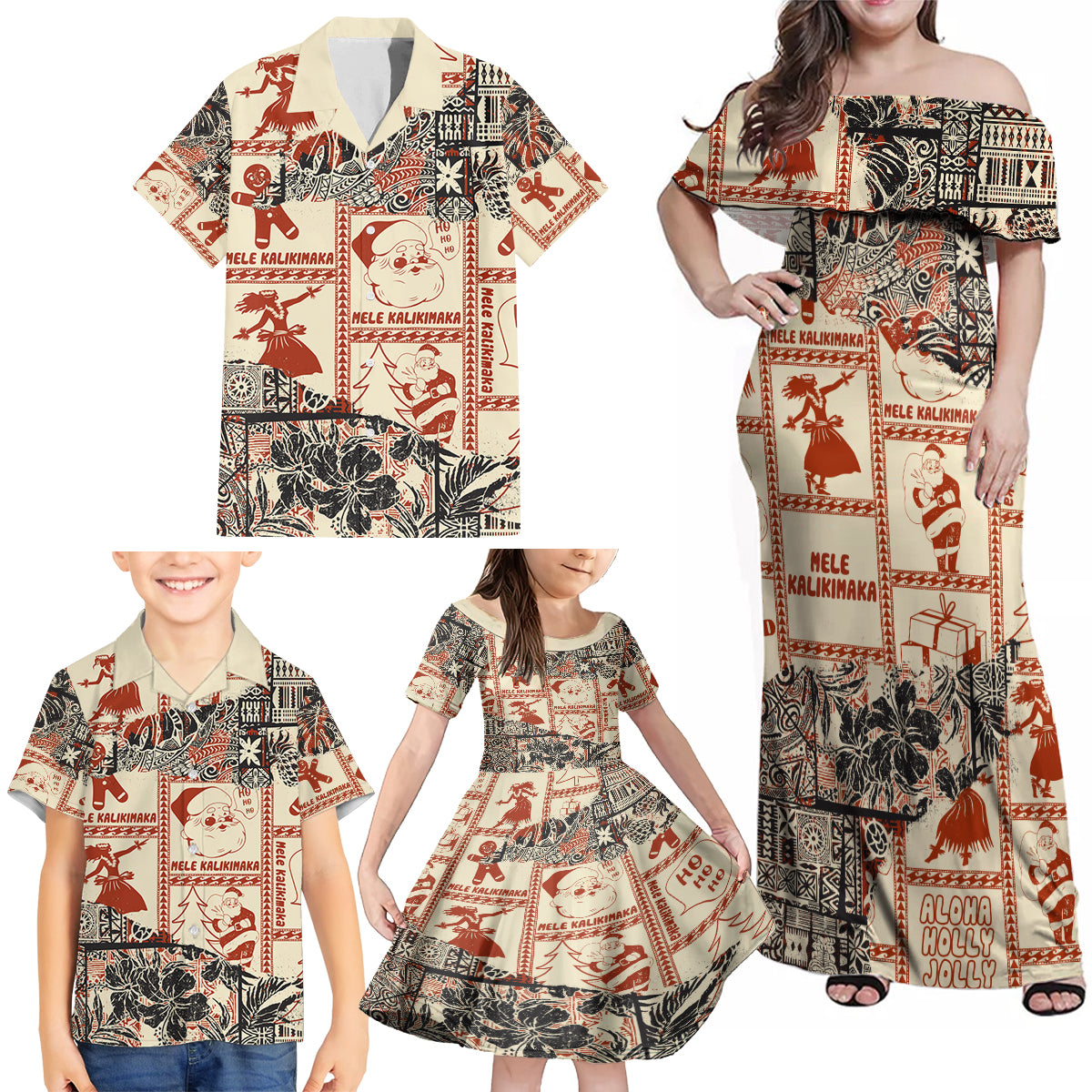 Aloha Hawaii Christmas Family Matching Off Shoulder Maxi Dress and Hawaiian Shirt Mele Kalikimaka Tapa Tribal Retro Style LT9 - Wonder Print Shop