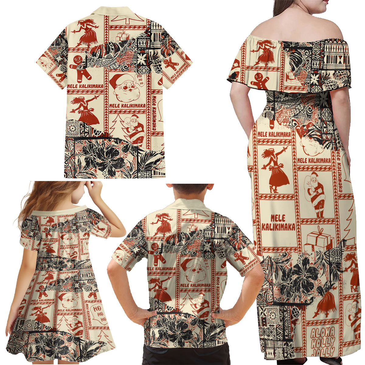 Aloha Hawaii Christmas Family Matching Off Shoulder Maxi Dress and Hawaiian Shirt Mele Kalikimaka Tapa Tribal Retro Style LT9 - Wonder Print Shop