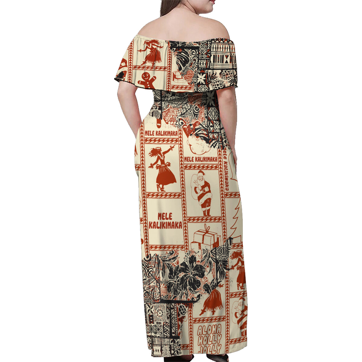 Aloha Hawaii Christmas Family Matching Off Shoulder Maxi Dress and Hawaiian Shirt Mele Kalikimaka Tapa Tribal Retro Style LT9 - Wonder Print Shop