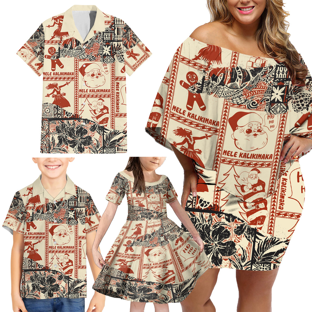 Aloha Hawaii Christmas Family Matching Off Shoulder Short Dress and Hawaiian Shirt Mele Kalikimaka Tapa Tribal Retro Style LT9 - Wonder Print Shop